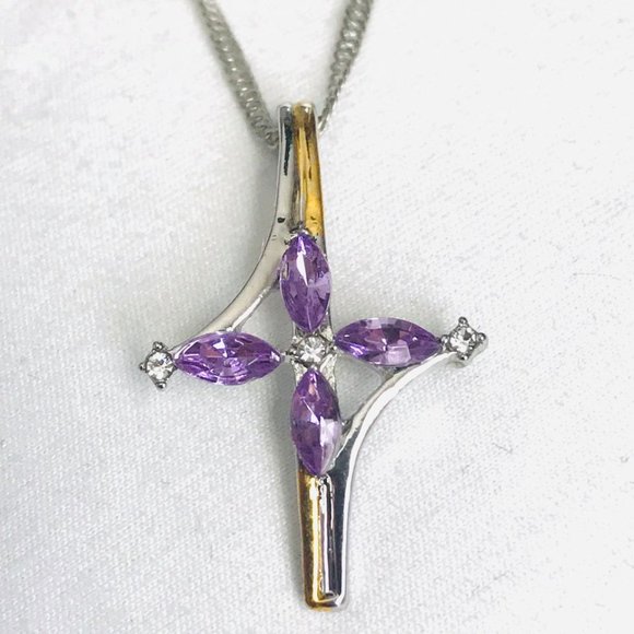 16-18" 2-Toned Cross w/Amethyst Marquise & CZ - Picture 3 of 5